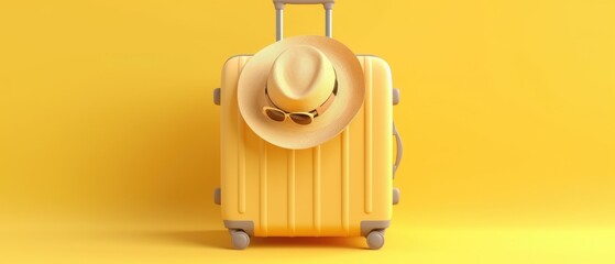  Yellow suitcase with sun glasses and hat on yellow background. travel concept. minimal style -Created using generative AI tools
