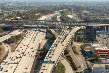 Inglewood, California - Aerial view of the The 405 and 105 Century Freeway interchange next LAX airport in Los Angeles, Southern California