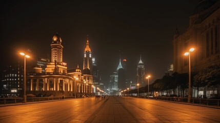 Obraz premium City square and skyline with buildings in Shanghai at night, China. Generative AI