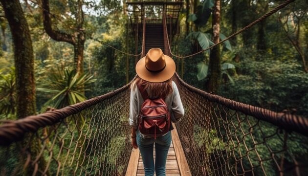 Fototapeta Happy travel woman with with a hat on vacation On a rope bridge in the rainforest concept. Funny traveler enjoy her trip and ready to adventure -Created using generative AI tools