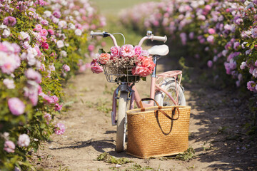Close-up beautiful spring decoration for a photo shoot with straw bag and female bicycle with flowers in a basket among a field of flowering bushes of pink roses