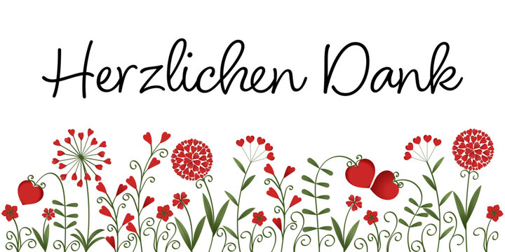 Herzlichen Dank - Schriftzug in deutscher Sprache. Danksagungsbanner mit Blumen aus roten Herzen.