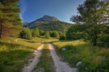 Fototapeta premium scenic dirt road winding through a vibrant forest. Generative AI