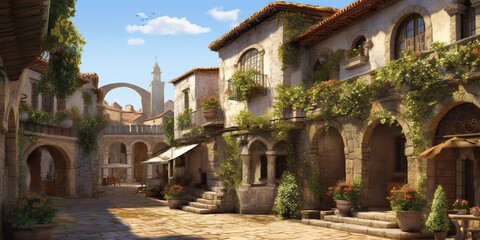 Fototapeta premium AI Generated. AI Generative. Medieval town in Spain Merengue. Old architecture adventure vacation style. Graphic Art