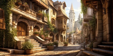 Obraz premium AI Generated. AI Generative. Medieval town in Spain Merengue. Old architecture adventure vacation style. Graphic Art
