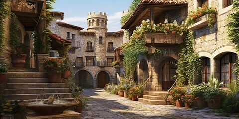 Fototapeta premium AI Generated. AI Generative. Medieval town in Spain Merengue. Old architecture adventure vacation style. Graphic Art