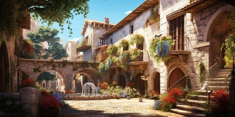 AI Generated. AI Generative. Medieval town in Spain Merengue. Old architecture adventure vacation style. Graphic Art - obrazy, fototapety, plakaty