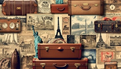 vintage travel collage background white no picture -Created using generative AI tools - obrazy, fototapety, plakaty