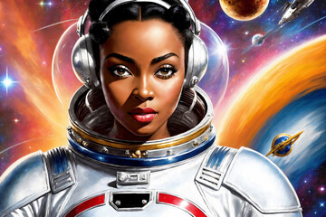 Portrait of a beautiful woman as an astronaut on background of stars and universe, space theme in the retro futurism style of the 60s. Generative AI.
