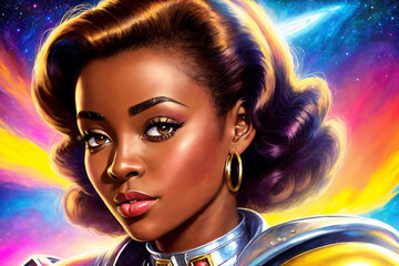 Portrait of a beautiful woman as an astronaut on background of stars and universe, space theme in the retro futurism style of the 60s. Generative AI.