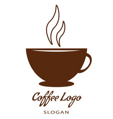 Coffee Logo Vector. Vector cup can also be used for poster, icon, emblem, badge or label design. Vector coffee cup with text - Coffee Logo and Slogan