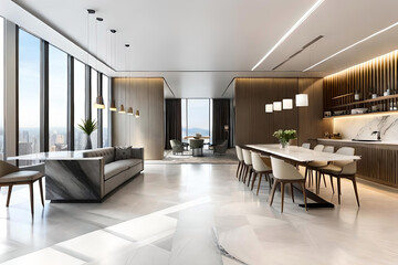 Fototapeta premium a luxury coffee shop as a white marble table takes center stage against a softly blurred background, creating a serene atmosphere