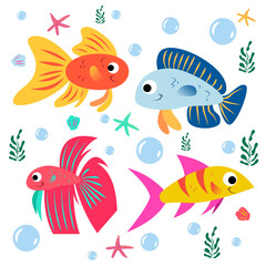 Fototapeta na wymiar Fish swimming happily among sea stars. Cartoon style
