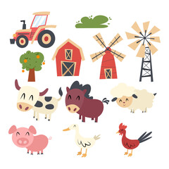 Cartoon style illustration of farm animals, cow, horse, sheep, pig, duck, rooster, tractor, shed, mill bush and tree