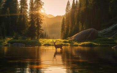 A Glass-Like Lake Mirrors the Tranquil Wilderness with a Peaceful Grazing Deer