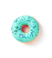 Sweet donut in colored blue glaze on a white background top view