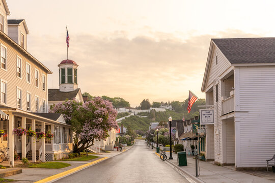 Street at dawn on Mackinac Island during the lilac festival