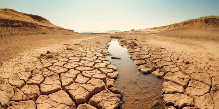 AI Generated. AI Generative. Dried lake and river on hot no rain summer season. Adventure wild outdoor nature vibe. Graphic Art