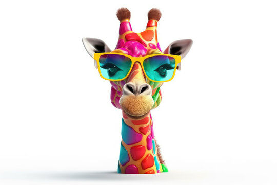 Cartoon colorful giraffe with sunglasses on white background. Generative AI