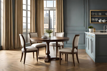 Fototapeta premium Step into a world of sophistication with a captivating image that captures a chic bistro's blurred background, accentuated by a gentle blur effect, while a wooden table exudes timeless charm
