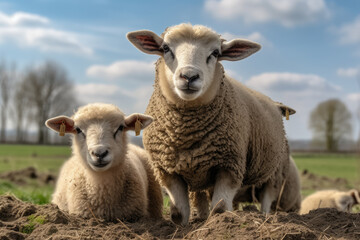 Obraz na płótnie Canvas Portrait of a mother sheep posing with her shy two little lambs on the top of a Dutch dike. It is spring but the ewe still has her thick winter coat on. Generative AI
