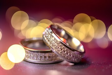 wedding rings on a sparkling background, studio photo, Cinematic, Photoshoot, Shot on 65mm lens, Shutter Speed 1 4000, F 1.8 White Balance, 32k, Super-Resolution, Pro Photo RGB, Half rear Lighting, Ba - obrazy, fototapety, plakaty