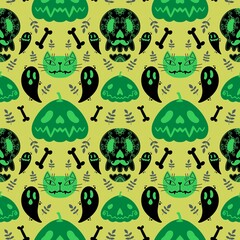 Halloween pumpkins seamless ghost and bones and cat pattern for wrapping paper and linens and fabrics