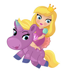 cartoon scene with princess sorceress riding on flying horse pegasus isolated illustration for children
