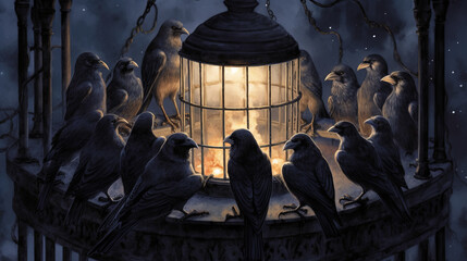 A flock of different birds near the lantern warm themselves and have a heart-to-heart conversation. Generative AI. - obrazy, fototapety, plakaty