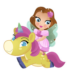 cartoon scene with princess sorceress riding on flying horse pegasus isolated illustration for children