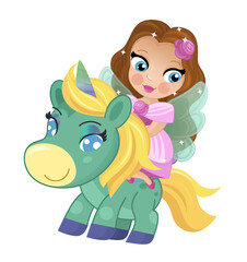 cartoon scene with princess sorceress riding on flying horse pegasus isolated illustration for children