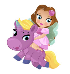 cartoon scene with princess sorceress riding on flying horse pegasus isolated illustration for children