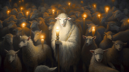 A strange shepherd among a flock of rams and sheep, a wolf in sheep's clothing. Created with AI. - obrazy, fototapety, plakaty