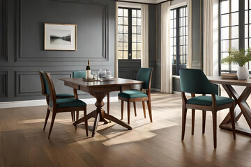 Fototapeta premium Step into a world of sophistication with a captivating image that captures a chic bistro's blurred background, accentuated by a gentle blur effect, while a wooden table exudes timeless charm