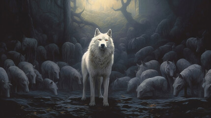 White wolf or shepherd dog among a herd of rams and sheep, a wolf in sheep's clothing. Created with AI.