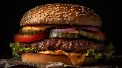 Craft Cheeseburger on Wooden Table Isolated on Dark Background, Big Beef Burger, Ai Generated Art.