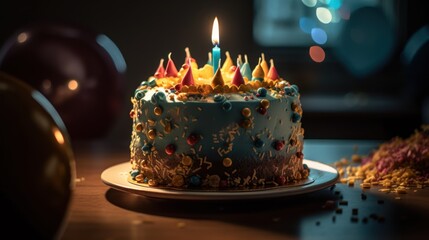 Naklejka na ściany i meble Happy birthday cake with candles, Colorful Birthday Cake, Birthday Cake, Birthday Cake isolated on Dark Background, Birthday Cake, Ai Generated Art.