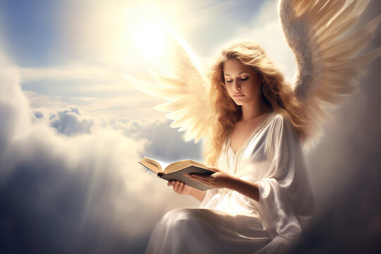 An angel reading a book in the sky. Generative AI.