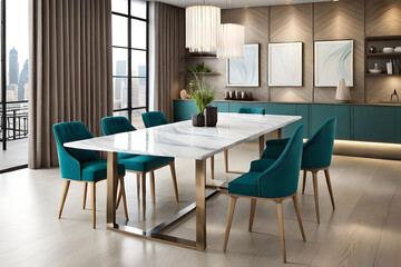 Fototapeta premium a whimsical coffeehouse where a marble-patterned table steals the spotlight against a blurred background with a dreamy blur effect and captivating ambiance