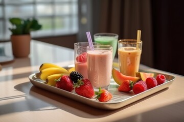 Selection assortment of colourful Healthy fresh fruit and vegetable smoothies with ingredients. Generative AI.