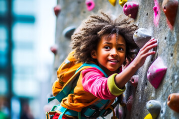 Child on a rock climbing wall. Generative AI - obrazy, fototapety, plakaty