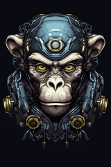 A monkey wearing a helmet and headphones. Generative AI.