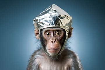 Studio shot of silly frightened monkey in a tinfoil hat, created with Generative AI technology