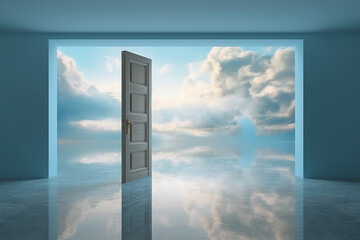 An open door in a room with clouds in the sky. Generative AI.