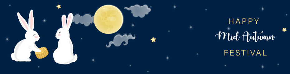 Happy Mid Autumn Festival banner design with cute rabbits, moon, stars, clouds and mooncake. Chinese, Korean, Asian celebration. Vector design for header of website in cartoon style.