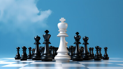 Striking Contrast: White Chess King Surrounded by Black Chess Pieces on Sky Blue Background. Generative AI