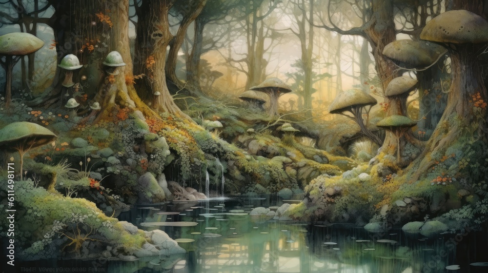 Canvas Prints Watercolor painting, serenity washes over the forest as ethereal creatures emerge from the depths of the enchanted woods. Generative AI