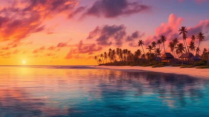 Fototapeta na wymiar Beautiful panoramic sunset sea sky tropical paradise beach. Tranquil summer vacation travel landscape. Peaceful seaside palm calm panorama. Exotic nature view inspire seascape