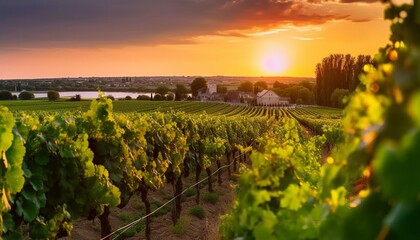 Beautiful view of a vineyard at sunset in Chinon village Loire Valley France - obrazy, fototapety, plakaty