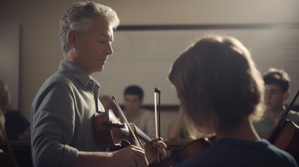 Music Teacher Male Caucasian Mature Teaching music theory and playing techniques to students. Generative AI AIG22. - obrazy, fototapety, plakaty
